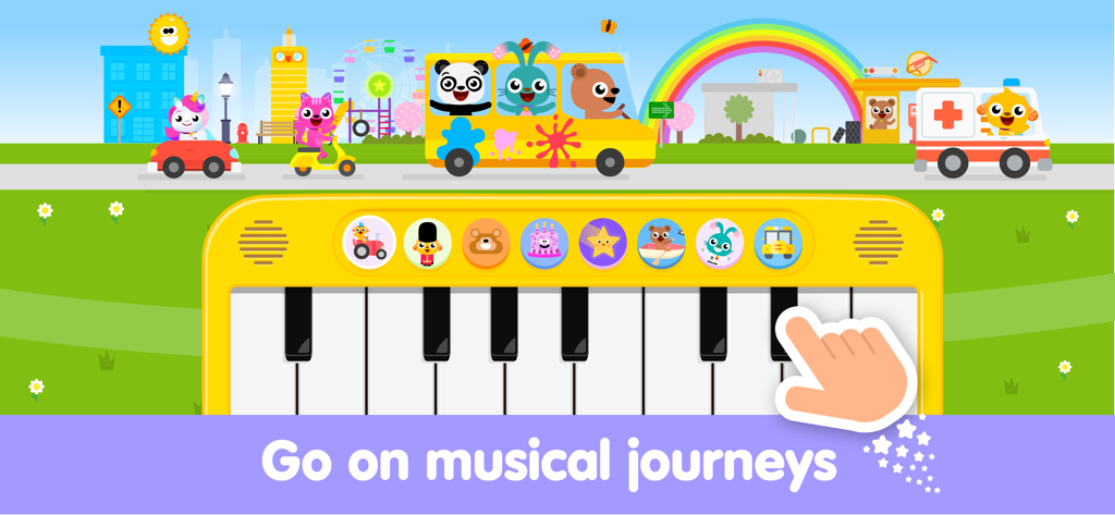 Kids Piano Fun: Music Games - A colorful digital piano interface for toddlers featuring cartoon animals in vehicles and a rainbow background.