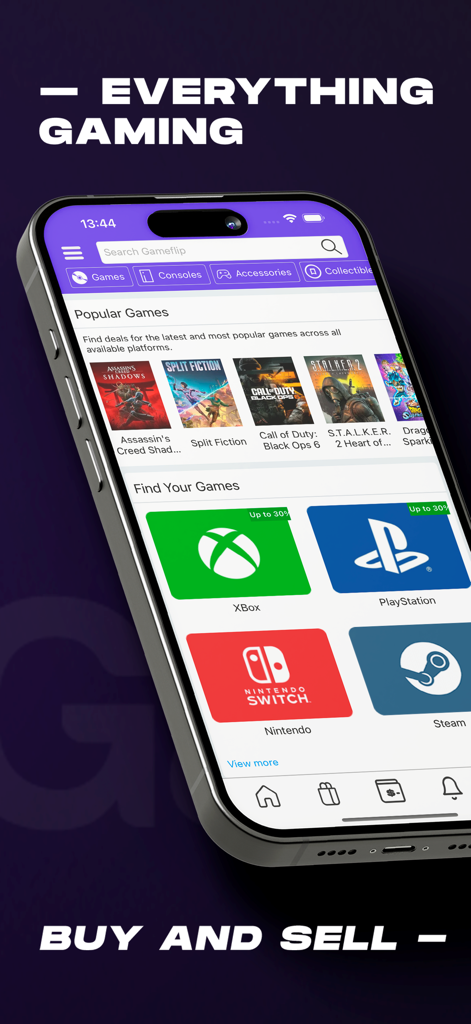 Smartphone displaying the Gameflip app marketplace for buying and selling video games and consoles