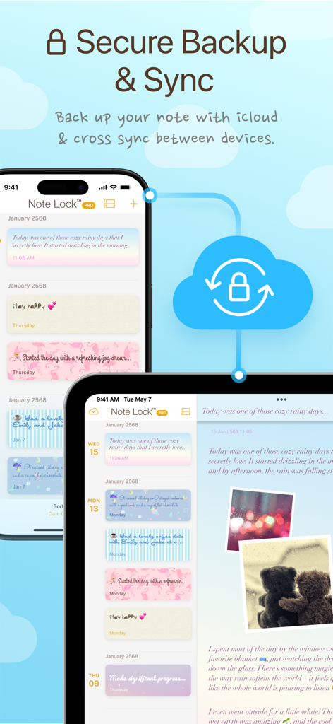 Note Lock~Lock your Tales Safe - Note Lock App-Oberfläche, die sicheres Cloud-Backup und geräteübergreifende Synchronisierung zwischen iPhone und iPad zeigt.