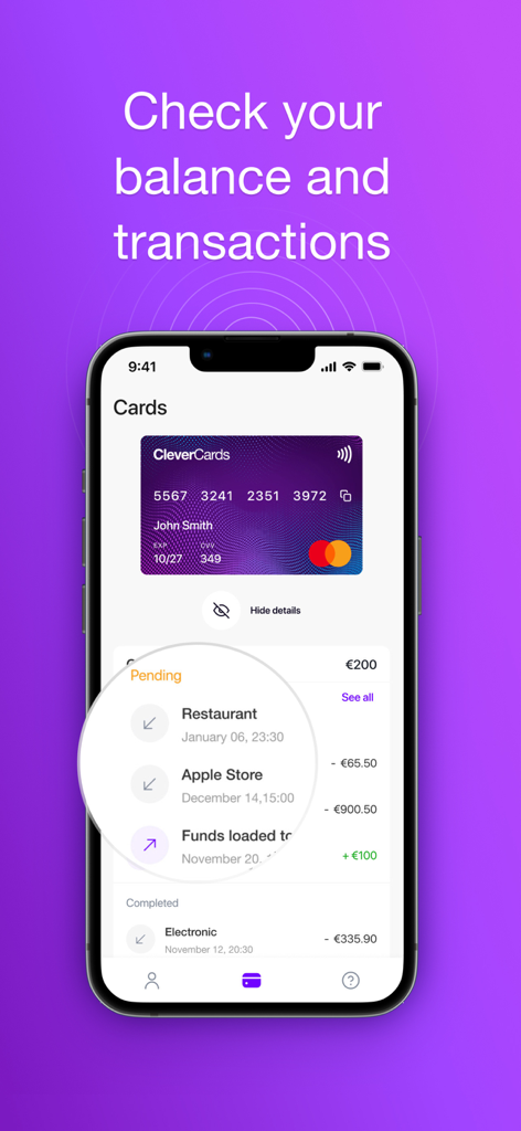 CleverCards app interface showing a virtual Mastercard with balance and transaction history details