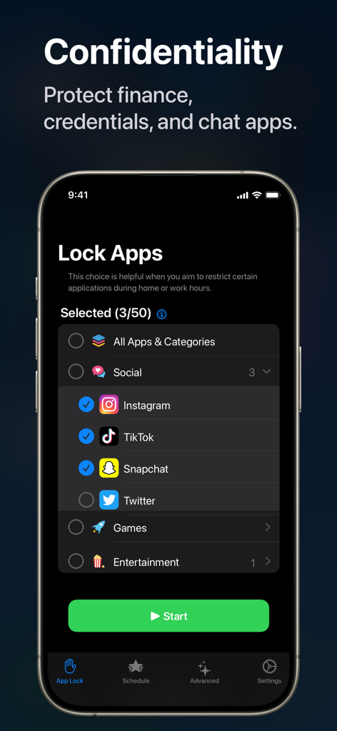 Smartphone screen showing the App Lock interface with social media apps selected for protection.
