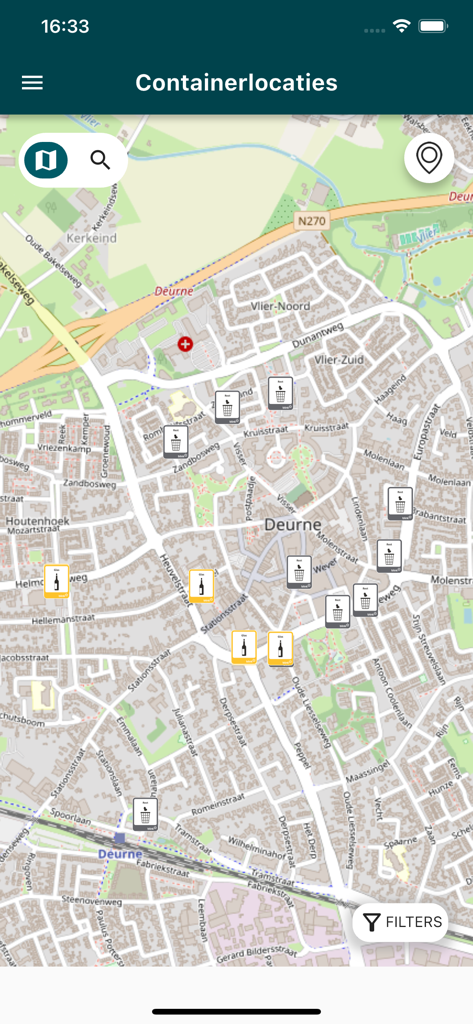 A map interface within the Blink Afval app showing the precise locations of various waste containers in a residential neighborhood.