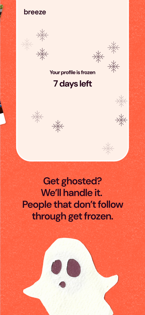Capture d'écran de l'application Breeze expliquant sa politique anti-ghosting où les profils des utilisateurs qui ne donnent pas suite sont gelés pendant sept jours.