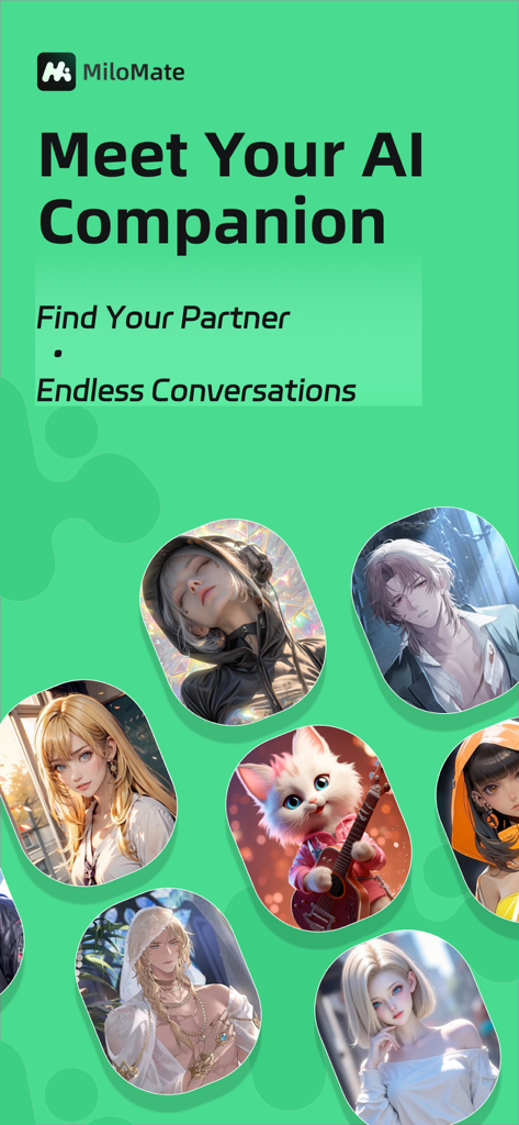 MiloMate-Talk with AI Roles - MiloMate promotional banner showing various AI character avatars and the text Meet Your AI Companion