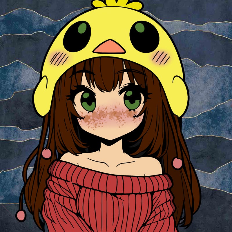 anime girl with chick shaped hat with sweater with bare shoulders with bangs covering them one eye with low tail