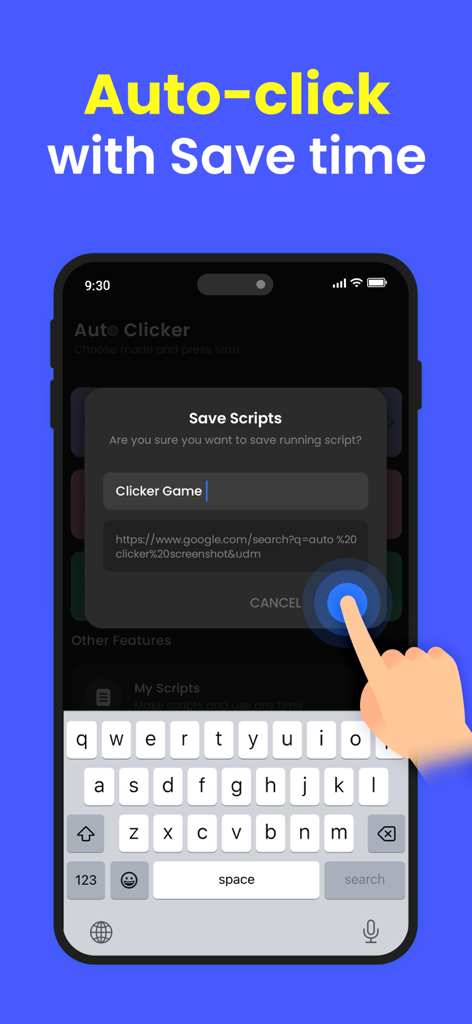 Auto Clicker - Self Clicker - Interface showing a user saving a custom automation script for a clicker game