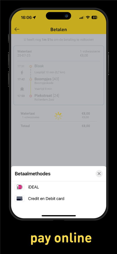 Watertaxi Rotterdam - Watertaxi Rotterdam mobile app payment screen showing options for credit card and iDEAL