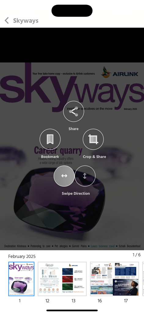 Skyways - Skyways app interface displaying the February 2025 magazine cover with navigation and sharing tools