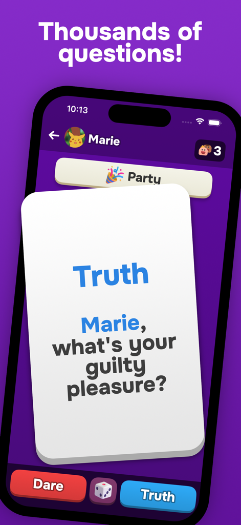 A screenshot of Truth Or Dare 2 app showing a truth card question asking Marie what is your guilty pleasure.