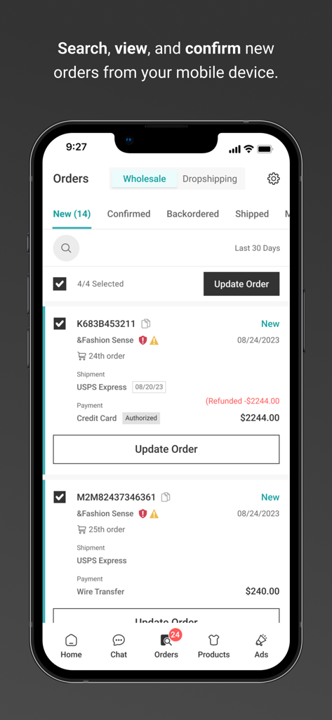 FASHIONGO Vendor Admin - Interface of FASHIONGO Vendor Admin app showing a list of new wholesale orders with options to update and confirm them on a mobile device.