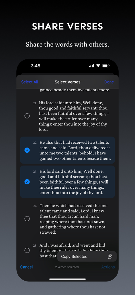 Interface of the Word Bible app showing multiple selected verses to share in dark mode.