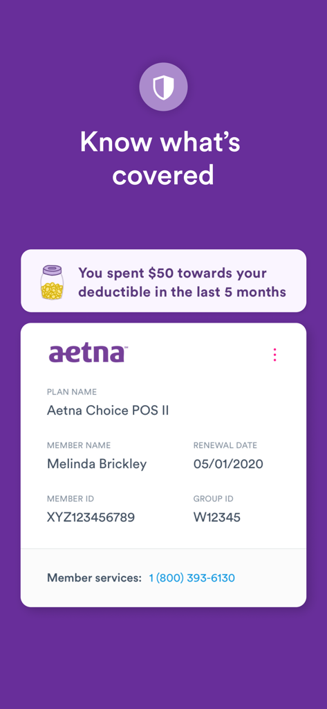 Solv app interface displaying Aetna insurance plan details and deductible tracking.