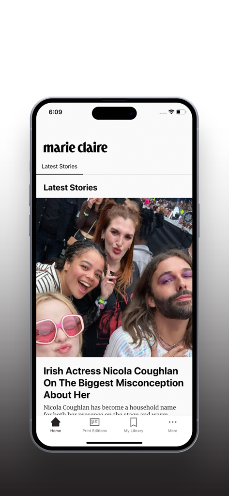 Marie Claire Australia - The Marie Claire Australia mobile app interface showing the Latest Stories feed and a featured article about Nicola Coughlan.
