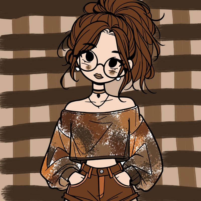 girl with a messy ponytail glasses a baggy crop top and jean shorts