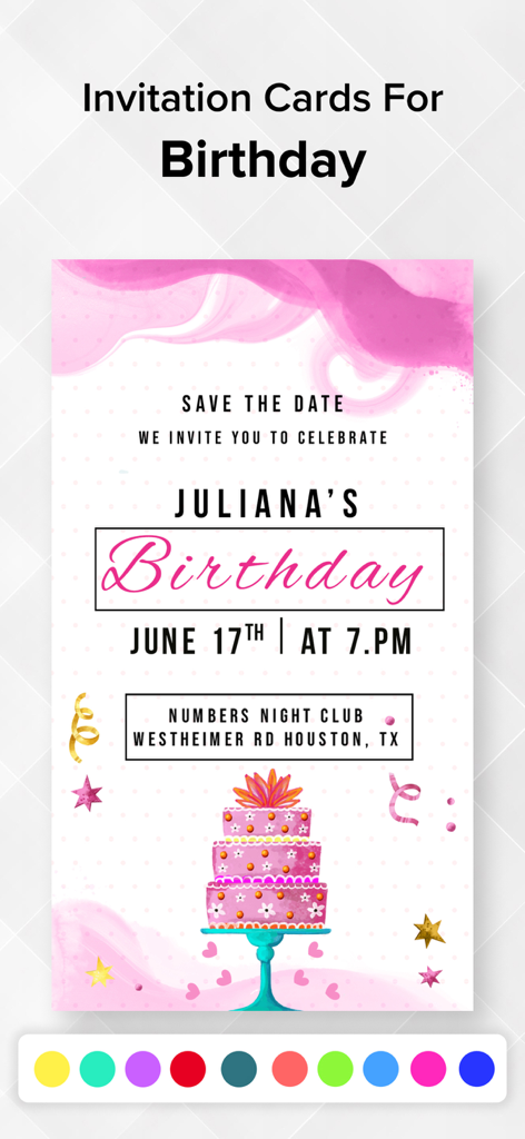 Invitation Maker : Invite Card - A customizable pink birthday invitation card template with a three-tiered cake and party decorations.