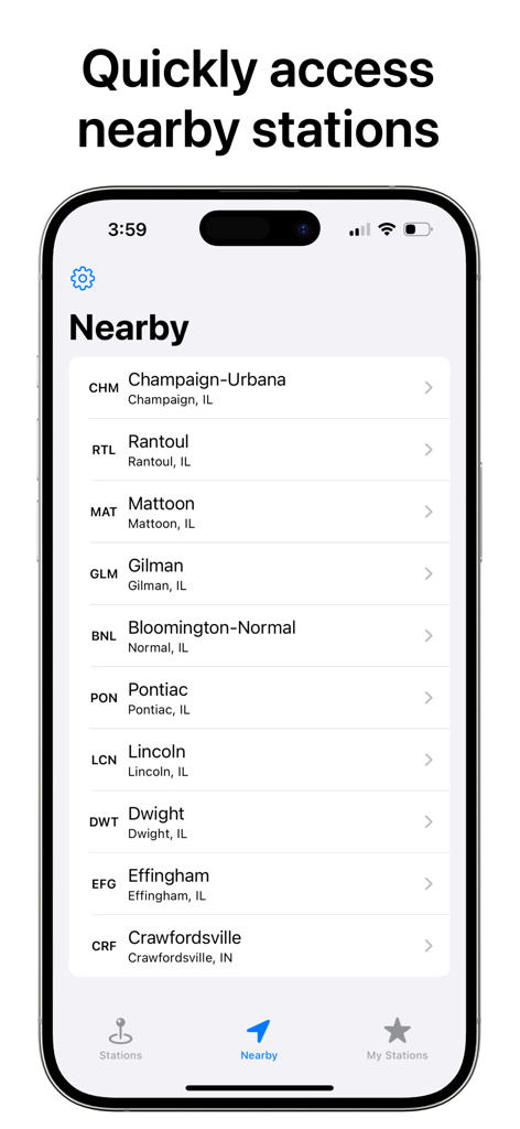 List of nearby Amtrak stations on the TrainTrack mobile app