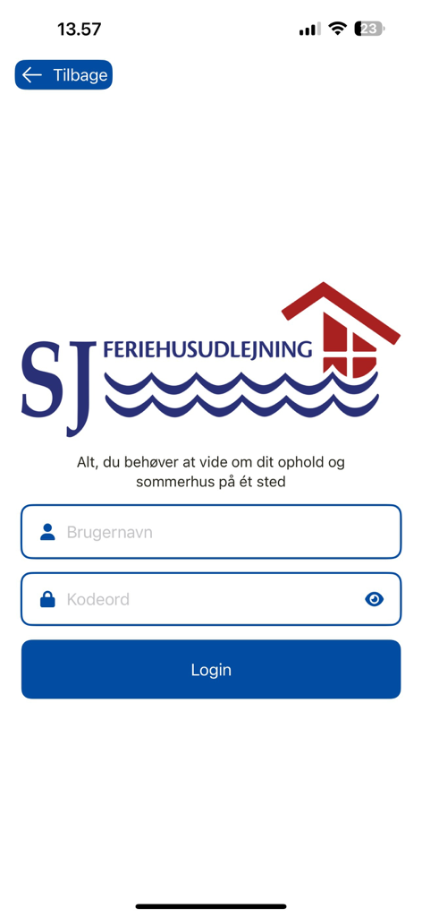 Login screen for the SJ Feriehusudlejning Danish vacation rental app