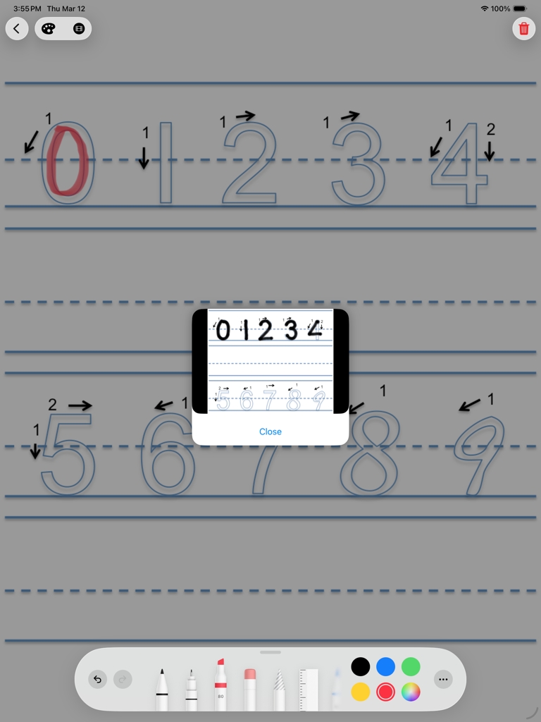 doodle write - Educational app on iPad for tracing numbers with instructional stroke order arrows