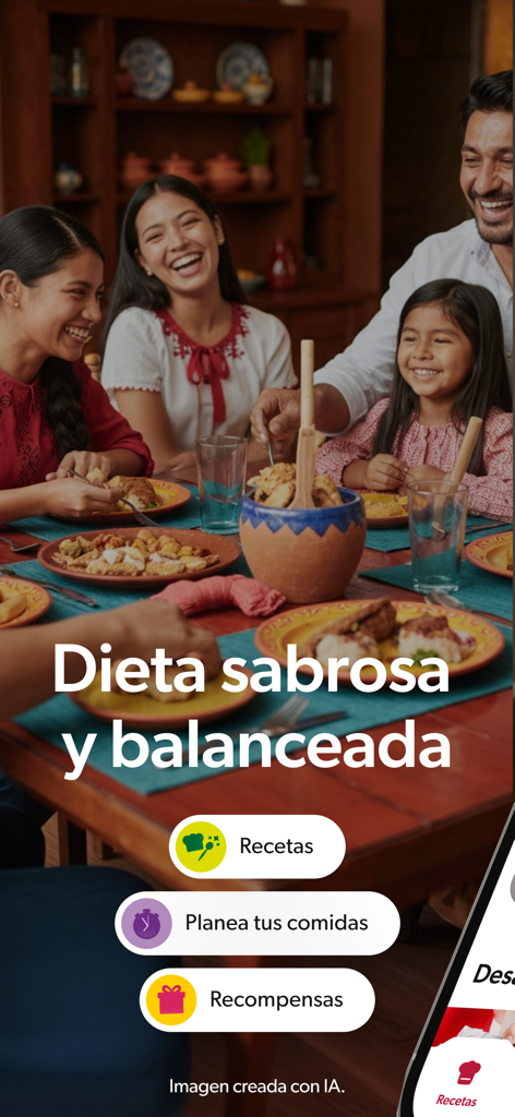 Una familia feliz compartiendo una comida tradicional mexicana con opciones de recetas y planeador de comidas