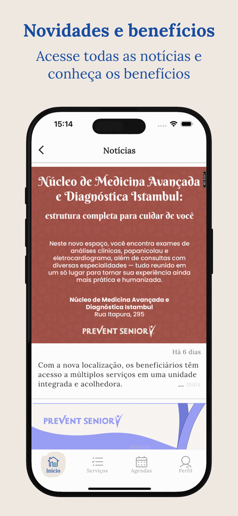 Una pantalla móvil de la app Prevent Senior mostrando noticias de salud y información sobre beneficios en portugués.