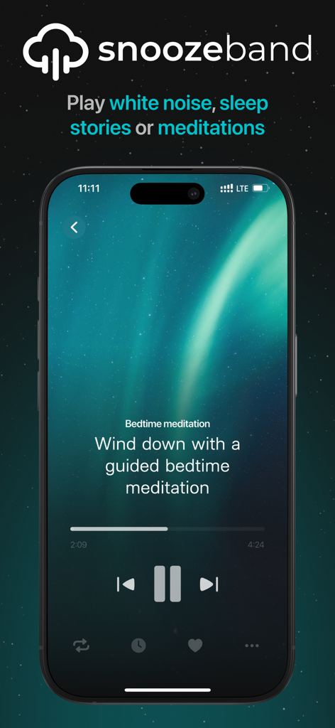 Snoozeband App zeigt eine geführte Einschlafmeditations-Oberfläche mit einem himmlischen Hintergrund