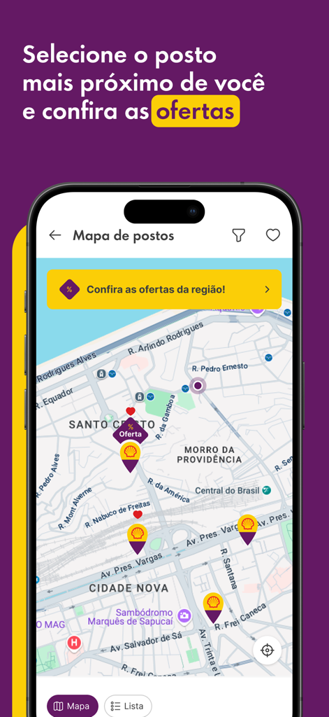 Tela de smartphone mostrando o mapa de postos de gasolina do app Shell Box e ofertas regionais.