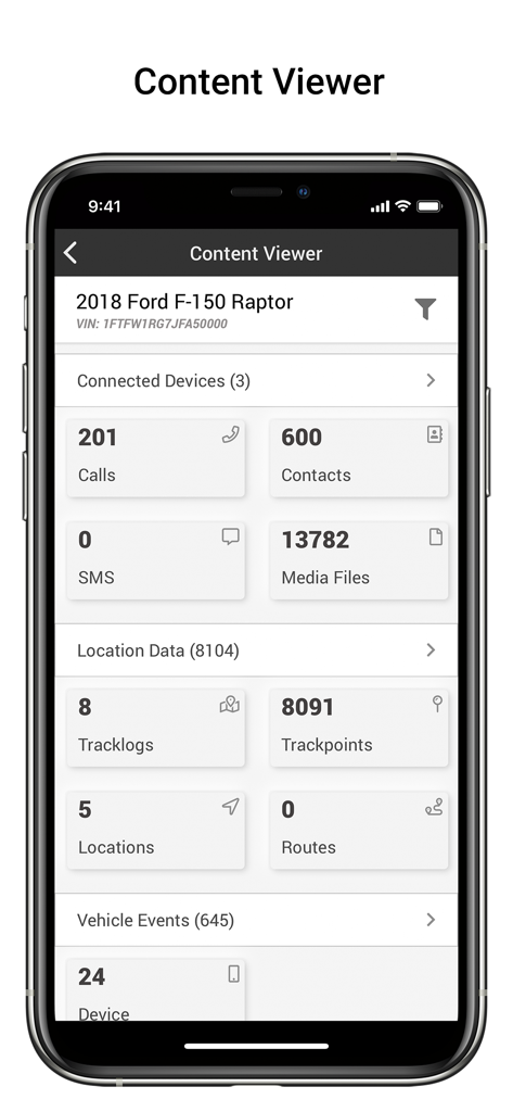 iVe-Mobile - iVe-Mobile app interface showing a summary of vehicle forensic data including calls, contacts, and location history for a 2018 Ford F-150 Raptor.