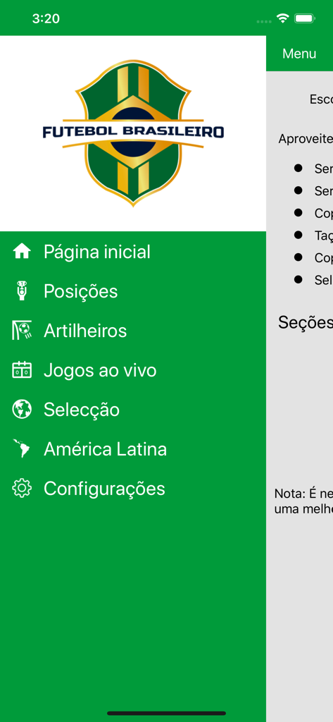 Menú de navegación lateral de la aplicación Brazilian Soccer Live con secciones de clasificaciones, resultados en vivo y la selección nacional