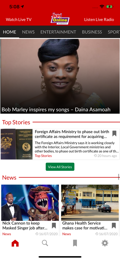 MyJoyOnline - MyJoyOnline mobile app home screen showing Ghanaian news articles, live TV streaming, and radio options.