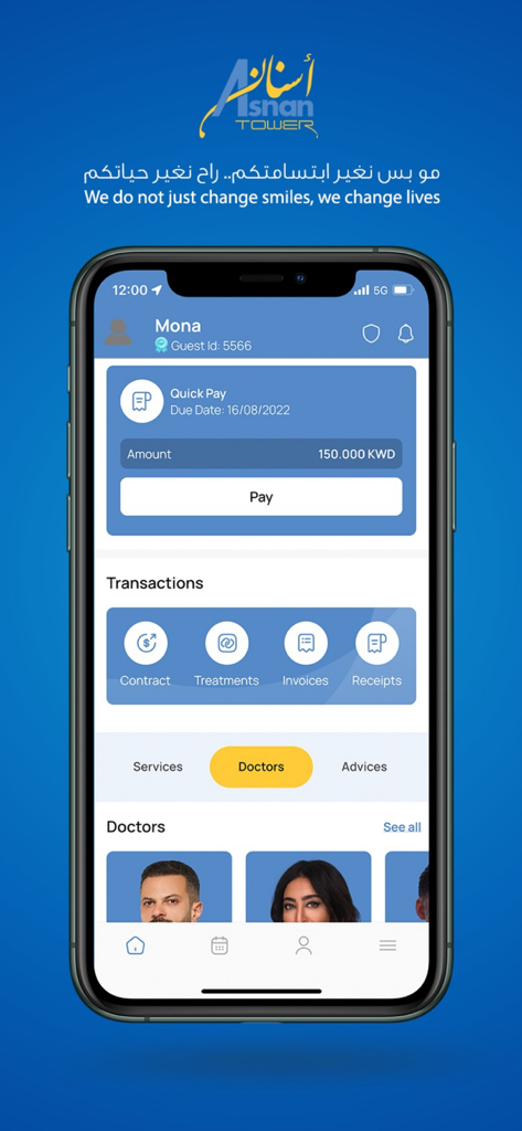 Asnan Tower - The dashboard of the Asnan Tower mobile app showing user profile payment options and a list of dentists