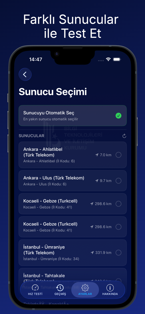 BTK Hız Testi - BTK Hiz Testi app interface showing server selection options in Turkey