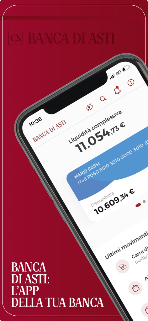 Tela do iPhone exibindo o aplicativo de mobile banking Banca di Asti com saldo da conta e histórico de transações