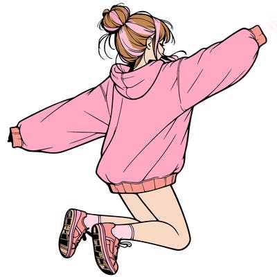 realistic girl jumping with a bun and oversized sweatshirt