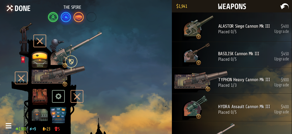 Uma tela no jogo REDCON mostrando um menu de armas de artilharia e um layout de fortaleza para personalização