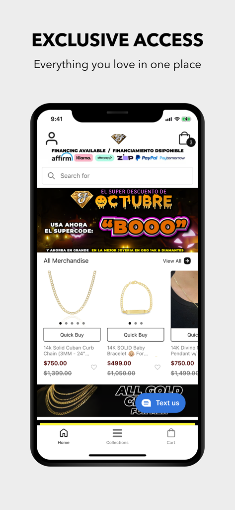 Javierthejewelernyc - The Javierthejewelernyc mobile app home screen showcasing gold jewelry and financing options.