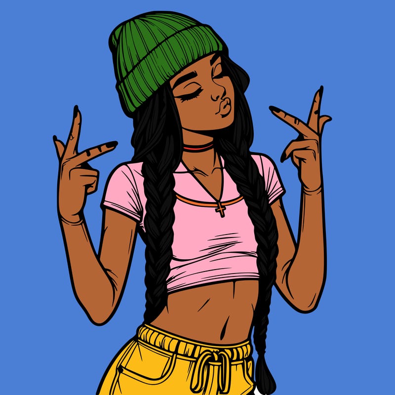 realistic teenage girl with braids and a beanie and crop top doing 🫶🏼