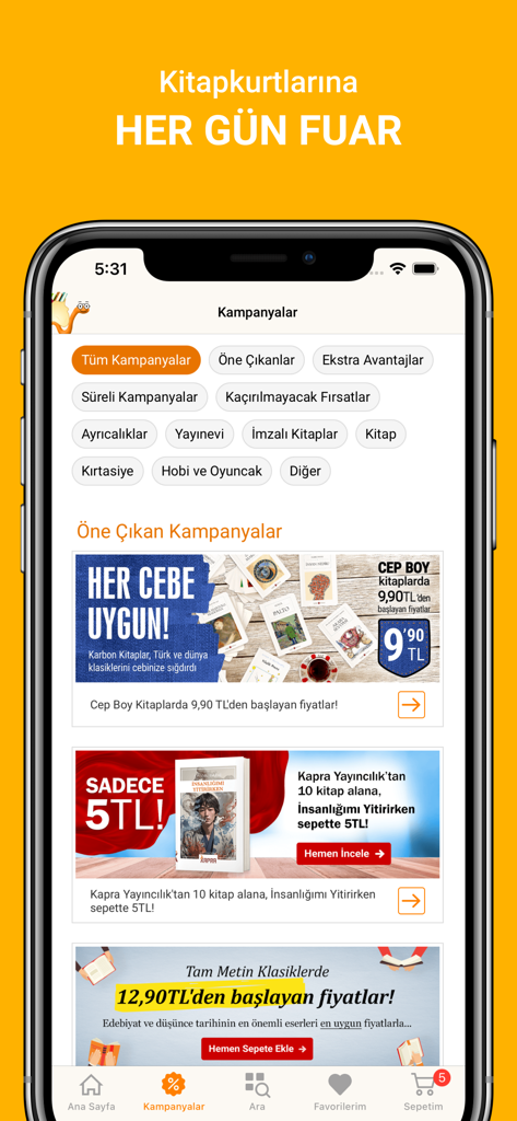 Kitapyurdu mobile app campaigns page showing various Turkish book discounts and promotional categories