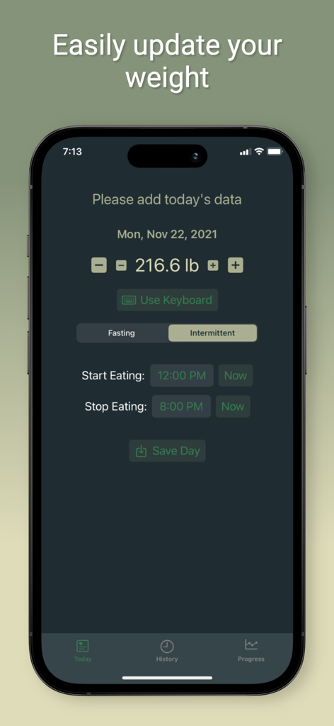Fasty: Fasting Tracker - Interface for updating weight and intermittent fasting hours in the Fasty app.