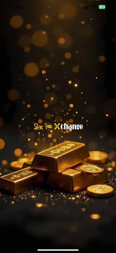 24k X Gold - Pantalla de inicio de la aplicación 24k X Gold con lingotes y monedas de oro