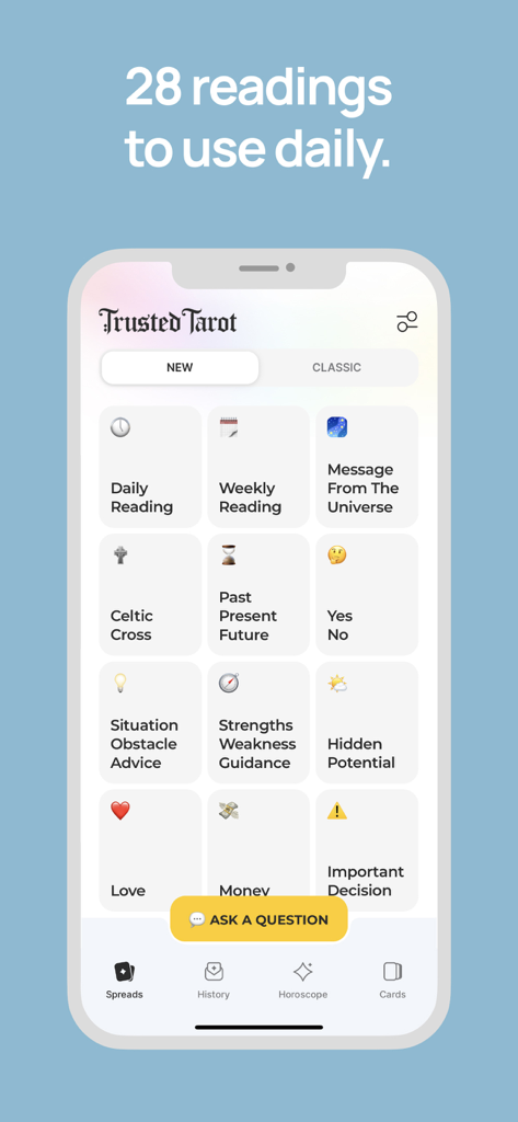 Trusted Tarot Mobile App-Oberfläche, die verschiedene tägliche Lesungs-Legungen und die Funktion 'Frage stellen' anzeigt