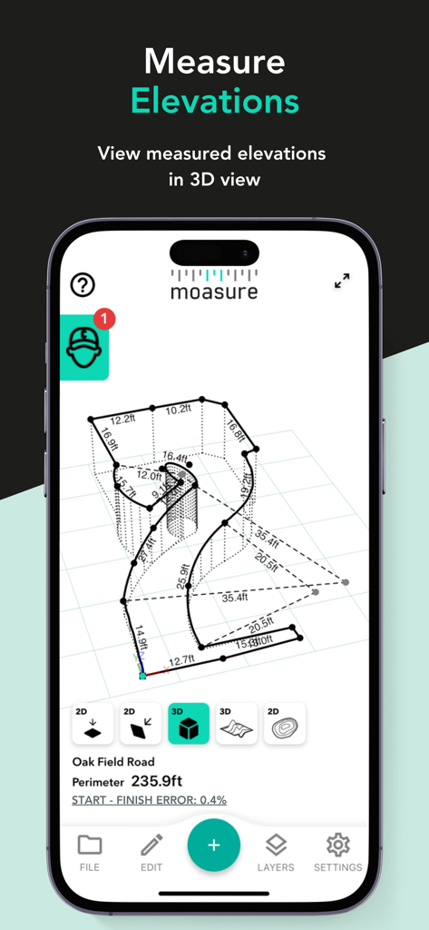 Moasure - Moasure app interface displaying a 3D wireframe model of site elevations and measurements
