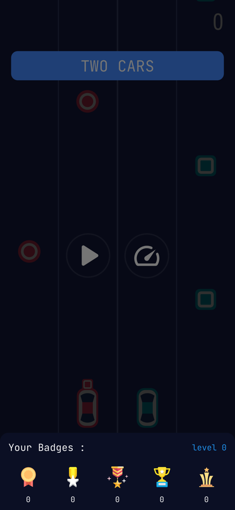 Pantalla del menú principal del juego móvil Two Cars con botón de juego y distintivos.