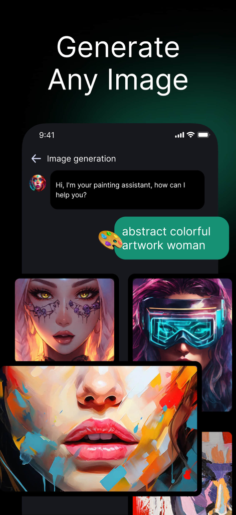 ChatGOAT AI -ChatBot Assistant - Interfaz de la aplicación móvil ChatGOAT AI que muestra la función de generación de texto a imagen con resultados artísticos abstractos coloridos