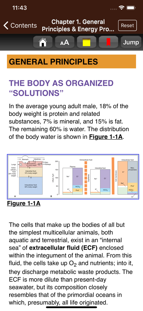 Ganong's Review Physiology 26E - A page from the Ganong's Review of Medical Physiology app showing text and a detailed diagram of body fluid distribution.