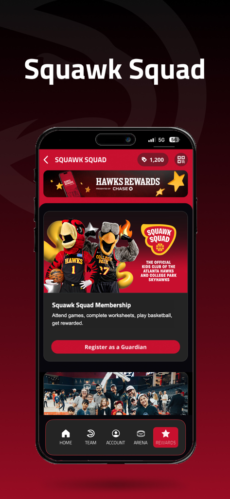 Atlanta Hawks app screen for Squawk Squad kids club registration and rewards