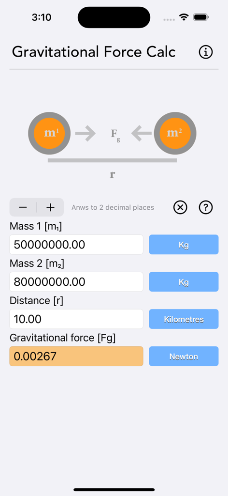 Gravitational Force Calculator - User interface of the Gravitational Force Calculator app showing input fields for mass and distance with physics results