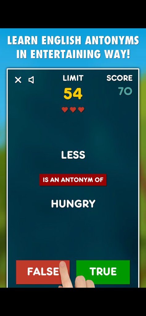 Antonyms PRO - Gameplay of Antonyms PRO showing a true or false vocabulary question