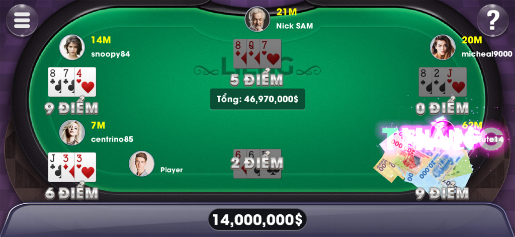 Pantalla de juego del juego de cartas Lieng mostrando a varios jugadores alrededor de una mesa verde con cartas y totales de puntos