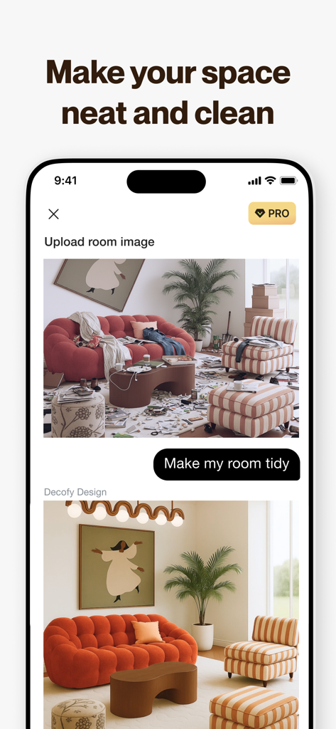 AI Home Design: Decofy - Before and after view of a messy room being organized by Decofy AI home design app