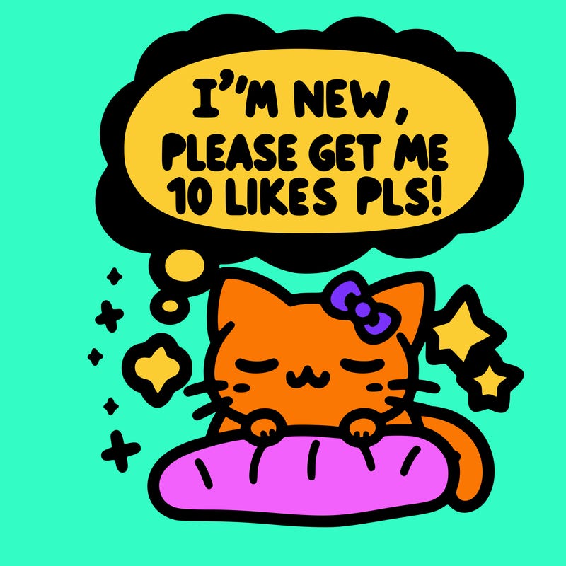 kitty taking a nap dream talking and saying "i'm new, please get me at least 10 likes pls!!"